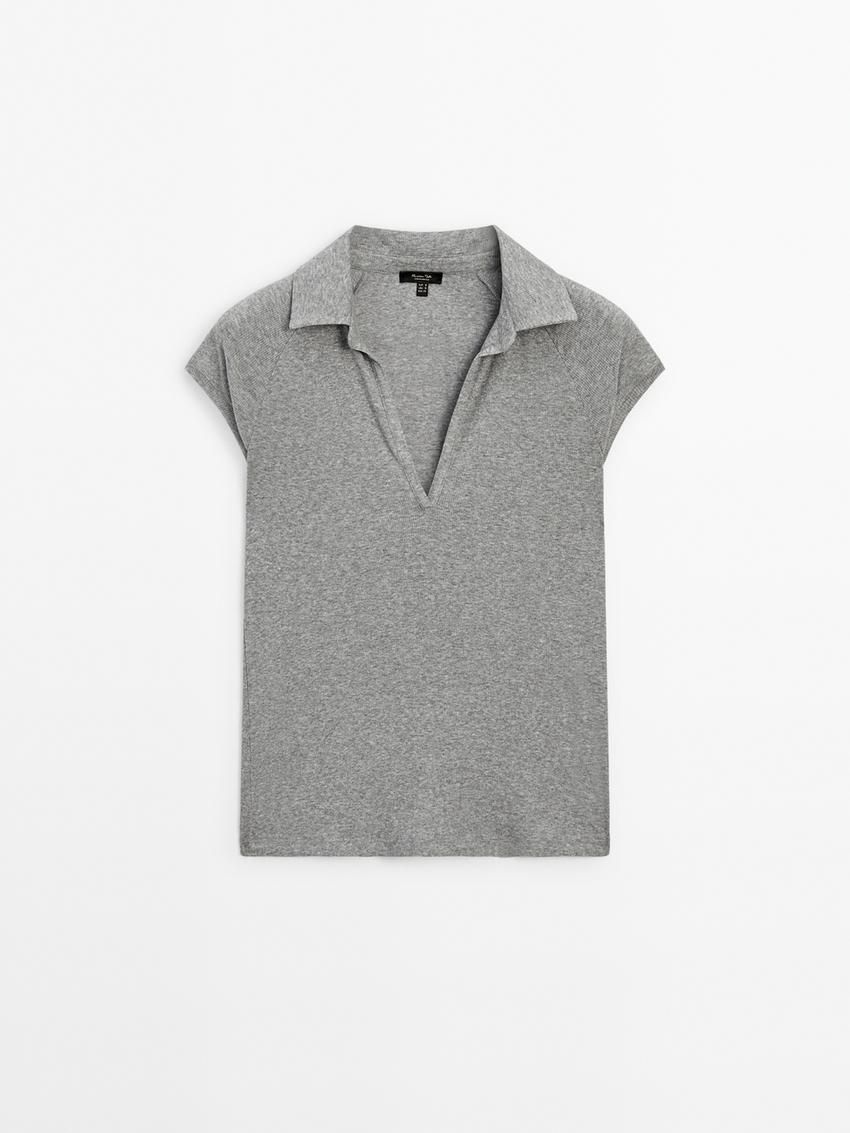 Massimo Dutti Ribbed Raglan Sleeve Polo Women T-Shirt Grey | US-NG2436897