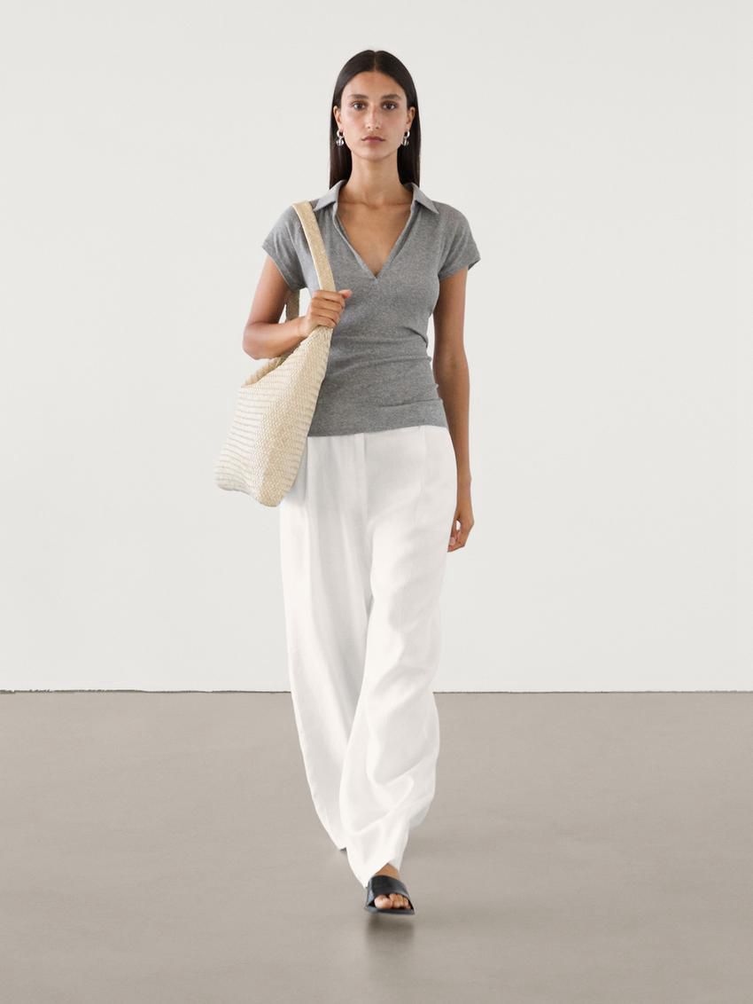 Massimo Dutti Ribbed Raglan Sleeve Polo Women T-Shirt Grey | US-NG2436897