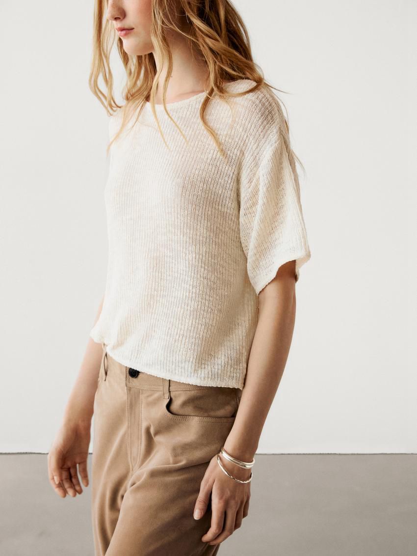 Massimo Dutti Ribbed Short Sleeve Textured Women T-Shirt Cream | US-SL5781692