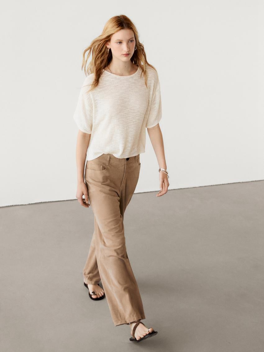 Massimo Dutti Ribbed Short Sleeve Textured Women T-Shirt Cream | US-SL5781692