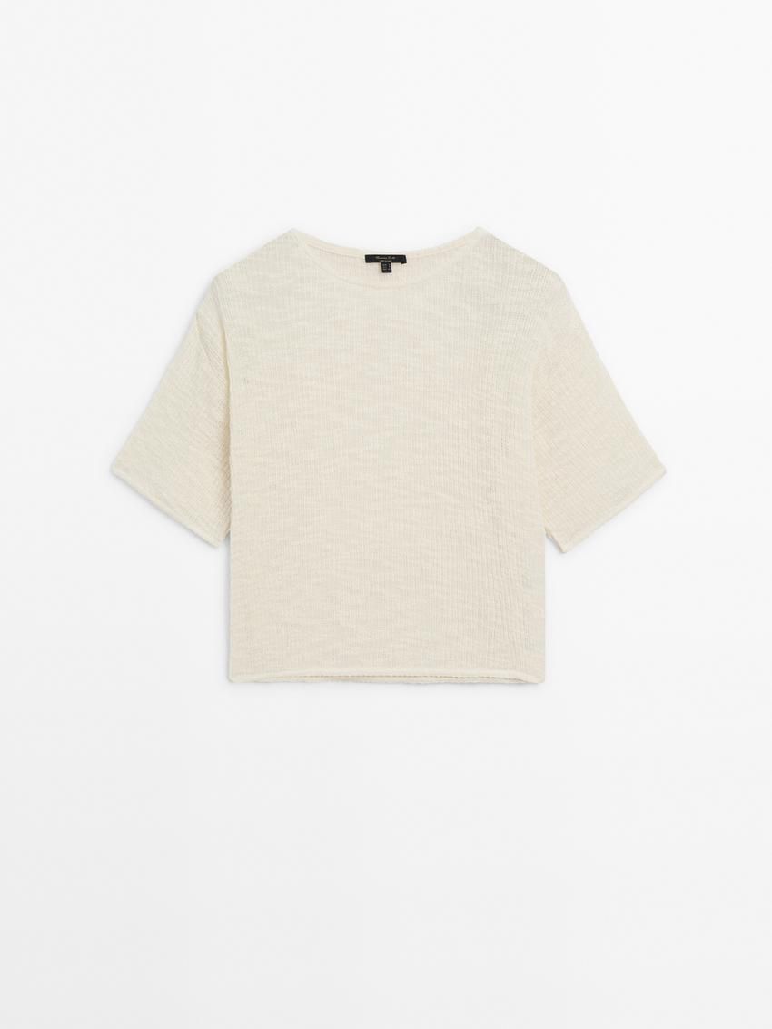 Massimo Dutti Ribbed Short Sleeve Textured Women T-Shirt Cream | US-SL5781692