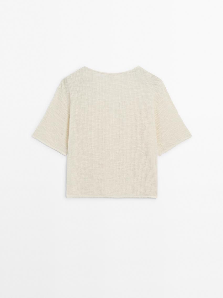 Massimo Dutti Ribbed Short Sleeve Textured Women T-Shirt Cream | US-SL5781692