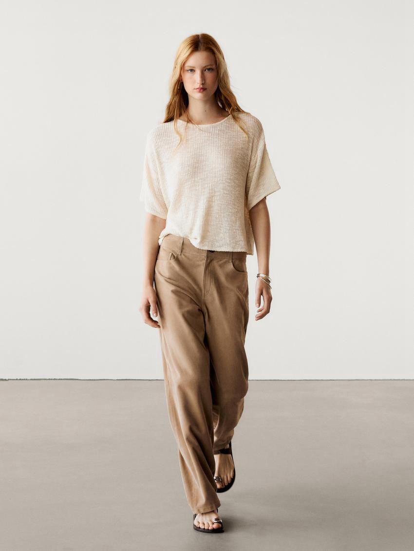 Massimo Dutti Ribbed Short Sleeve Textured Women T-Shirt Cream | US-SL5781692