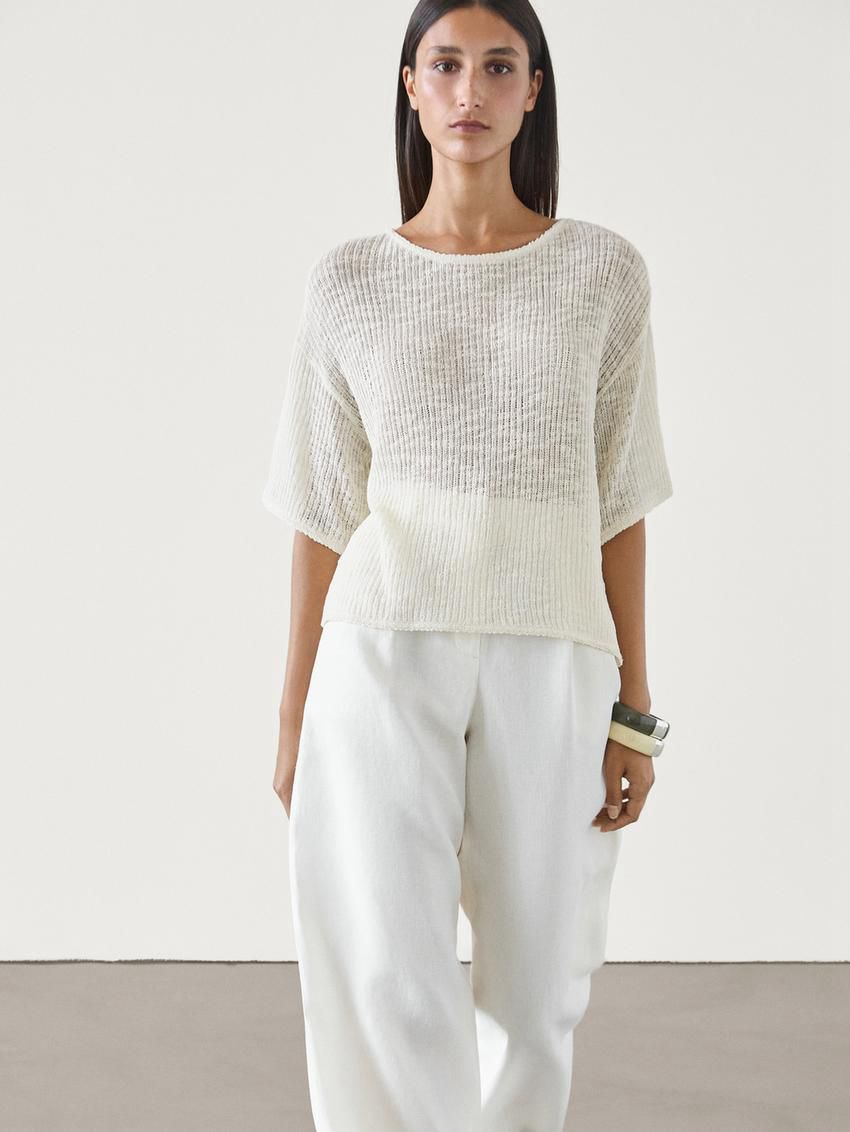 Massimo Dutti Ribbed Short Sleeve Textured Women T-Shirt Beige | US-YP5470319