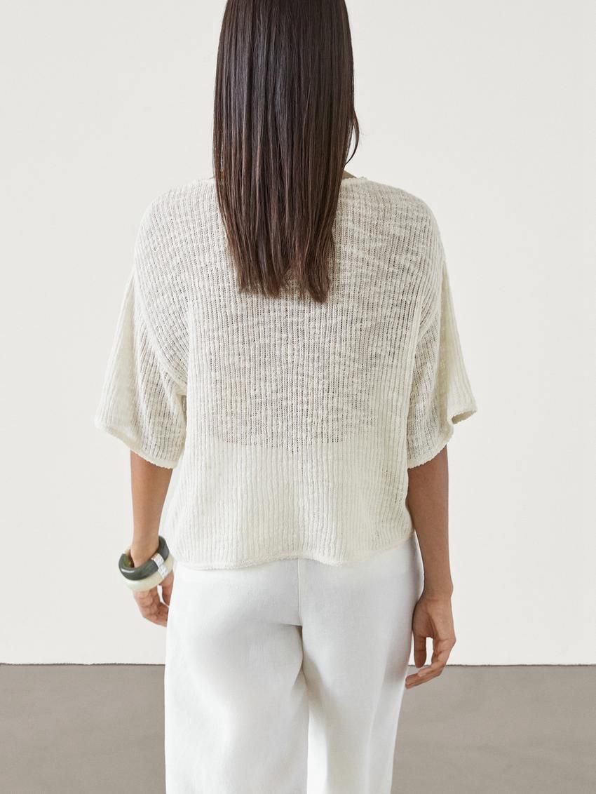 Massimo Dutti Ribbed Short Sleeve Textured Women T-Shirt Beige | US-YP5470319