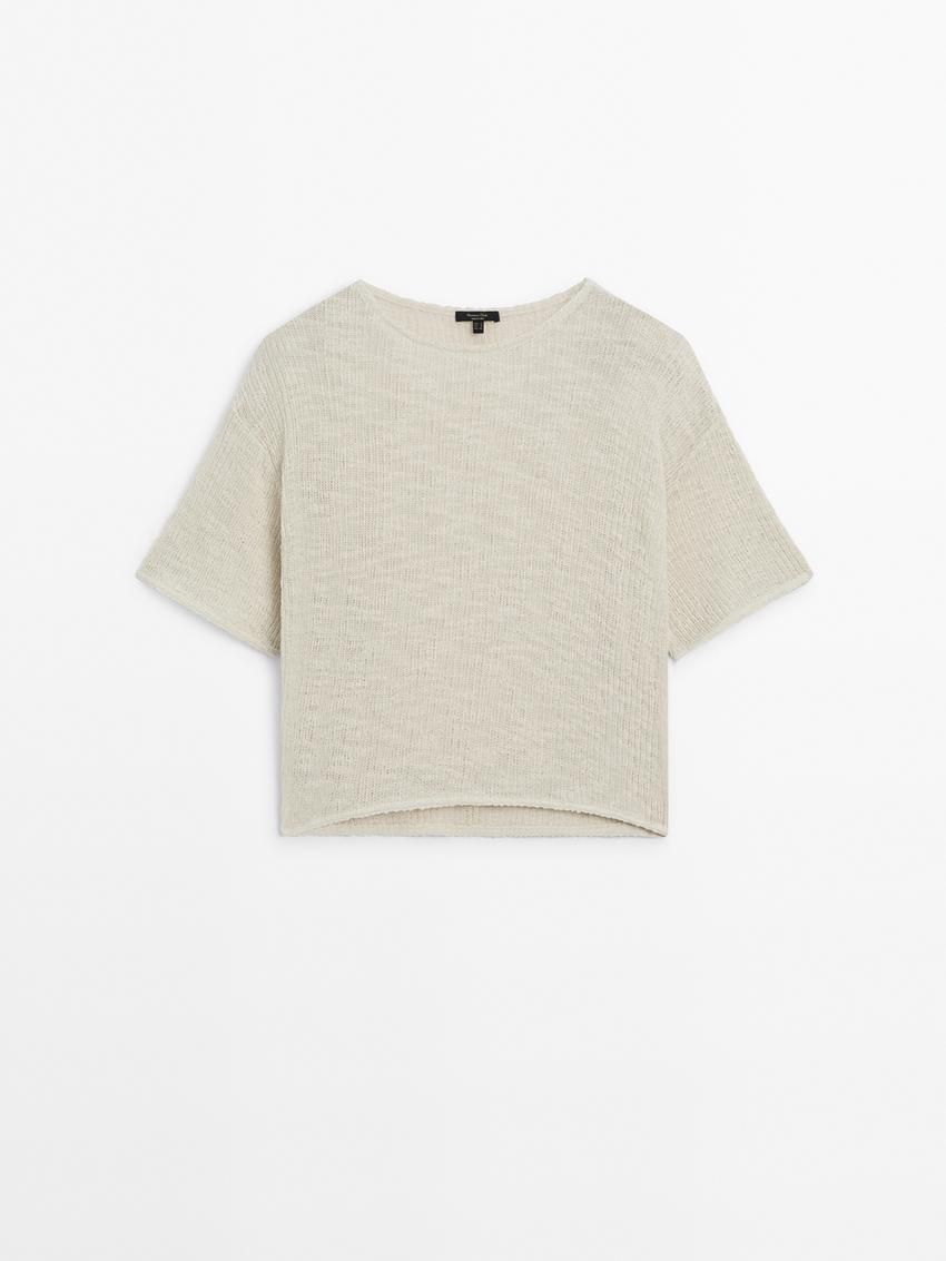 Massimo Dutti Ribbed Short Sleeve Textured Women T-Shirt Beige | US-YP5470319