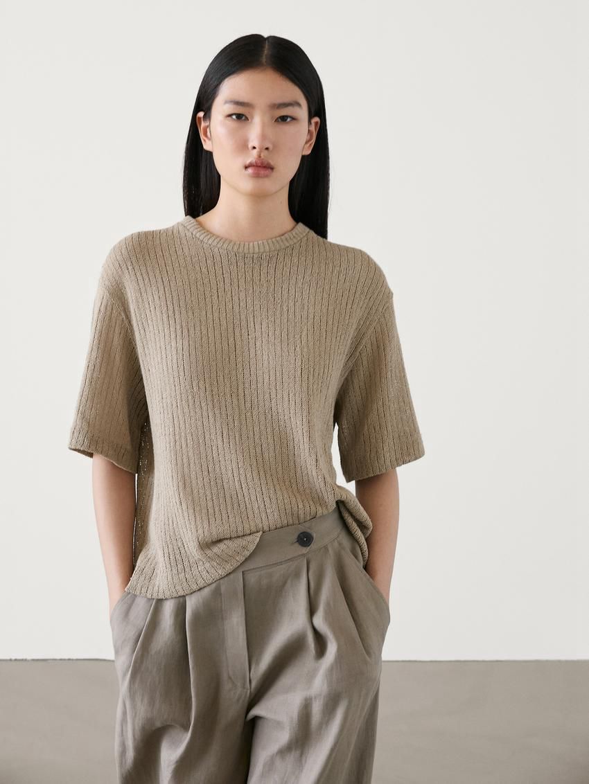 Massimo Dutti Ribbed Textured Short Sleeve Women T-Shirt Khaki | US-KA2546098