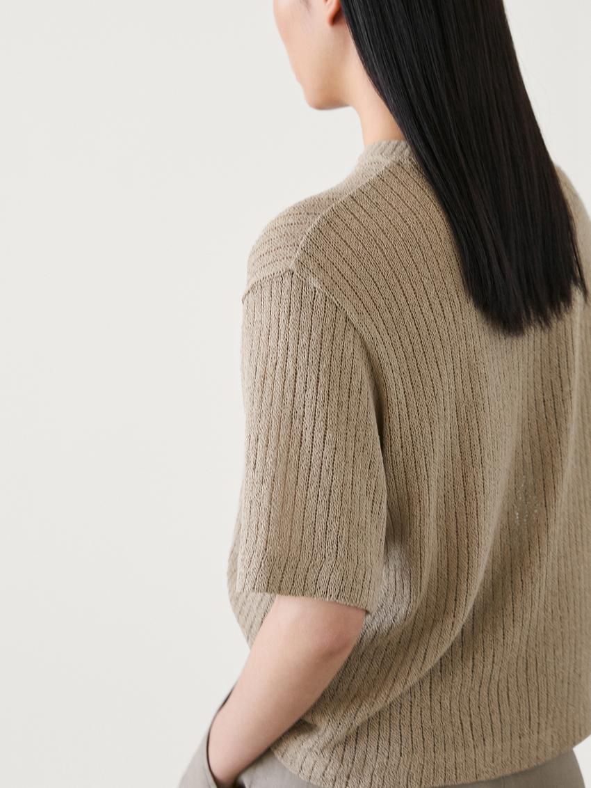 Massimo Dutti Ribbed Textured Short Sleeve Women T-Shirt Khaki | US-KA2546098