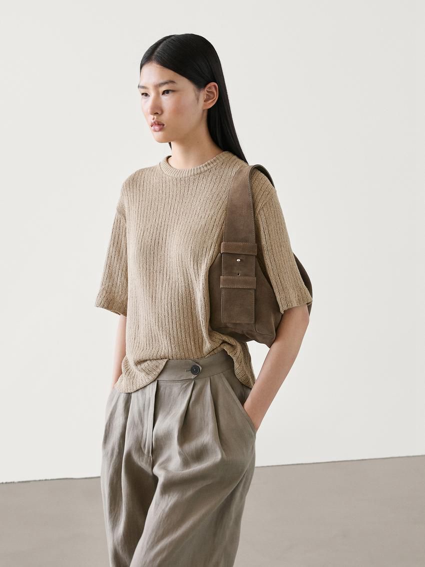 Massimo Dutti Ribbed Textured Short Sleeve Women T-Shirt Khaki | US-KA2546098