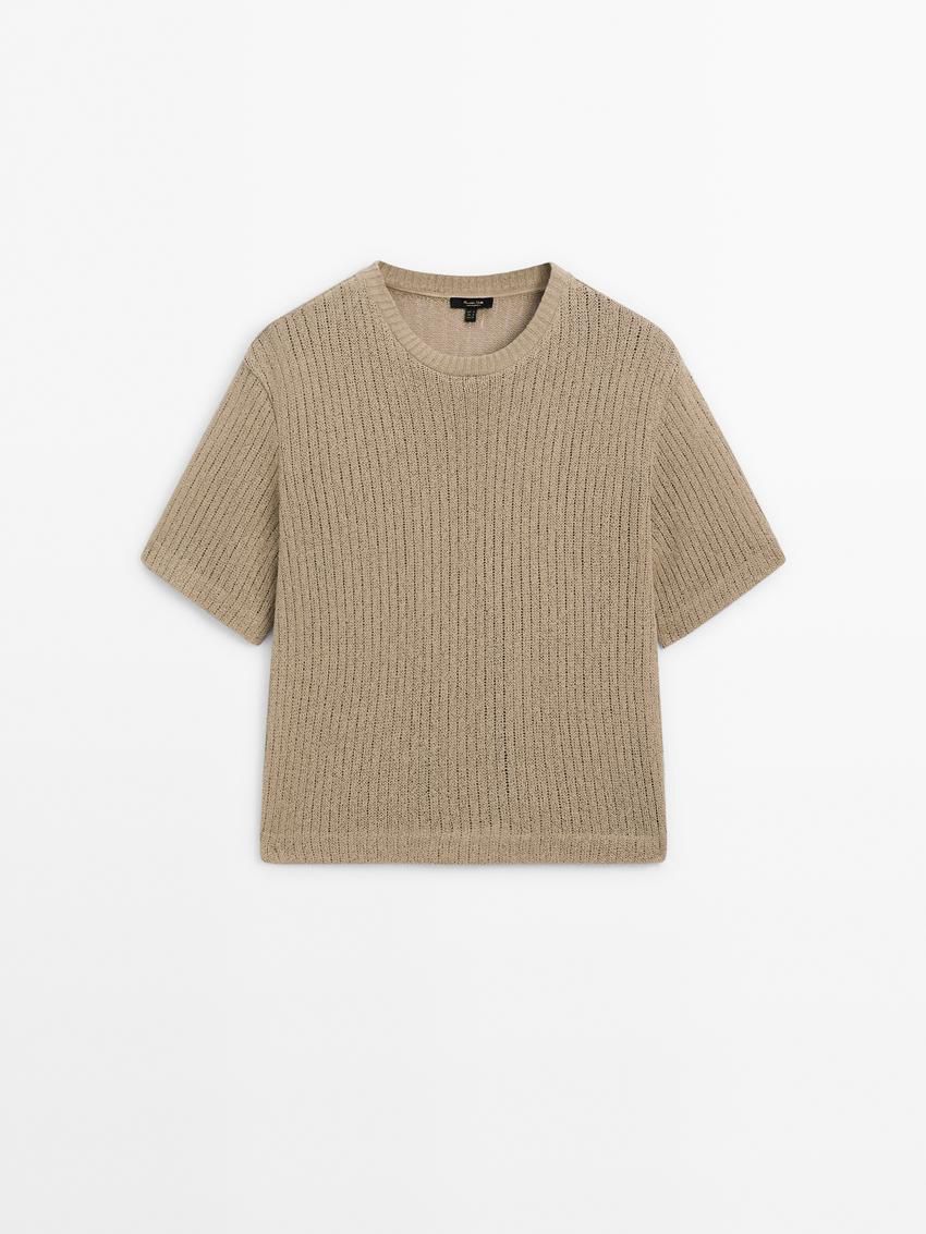 Massimo Dutti Ribbed Textured Short Sleeve Women T-Shirt Khaki | US-KA2546098