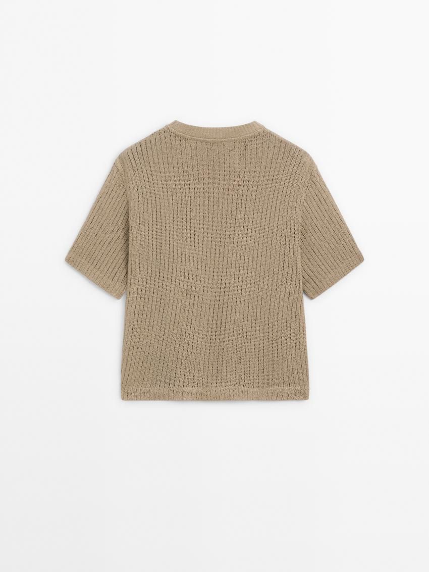Massimo Dutti Ribbed Textured Short Sleeve Women T-Shirt Khaki | US-KA2546098