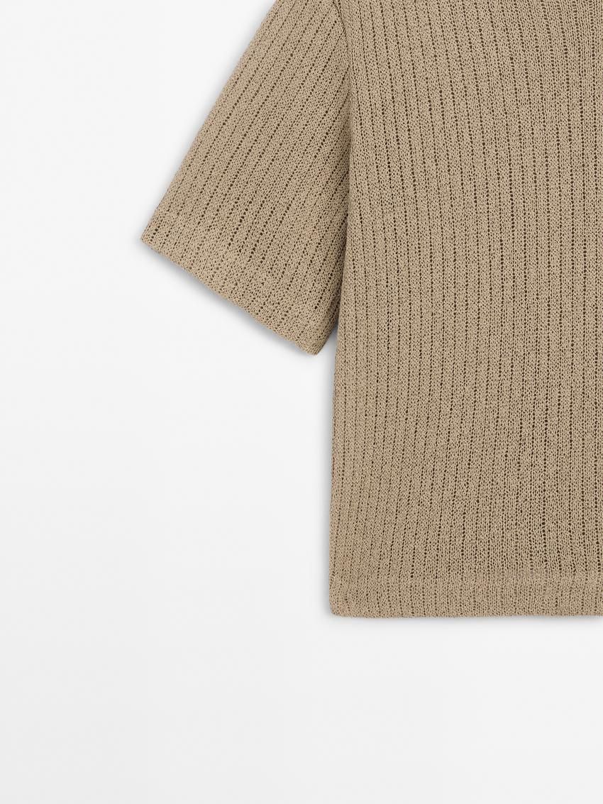 Massimo Dutti Ribbed Textured Short Sleeve Women T-Shirt Khaki | US-KA2546098