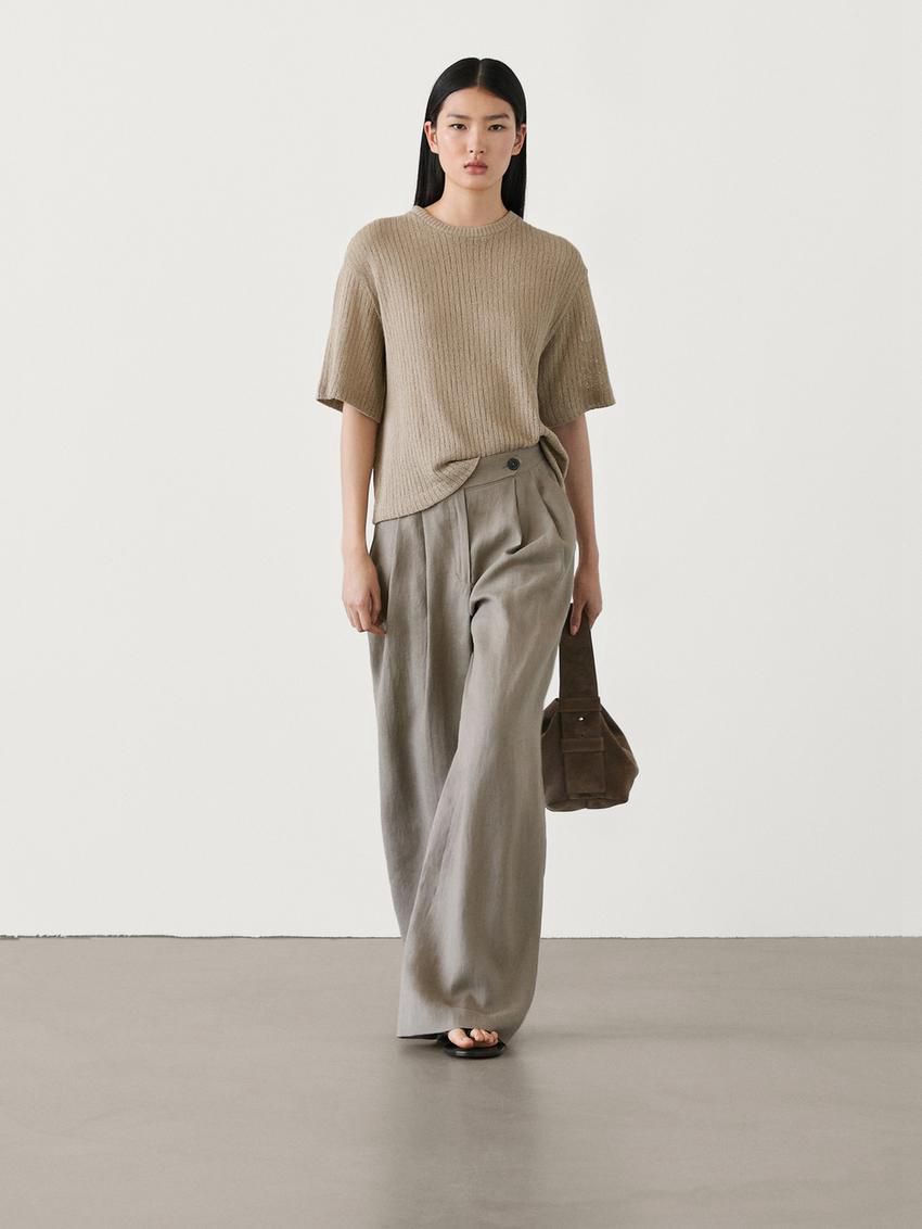 Massimo Dutti Ribbed Textured Short Sleeve Women T-Shirt Khaki | US-KA2546098