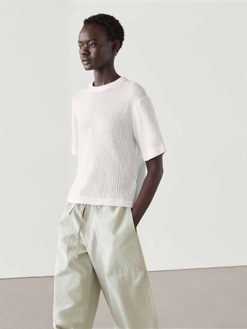 Massimo Dutti Ribbed Textured Short Sleeve Women T-Shirt White | US-HU9208563