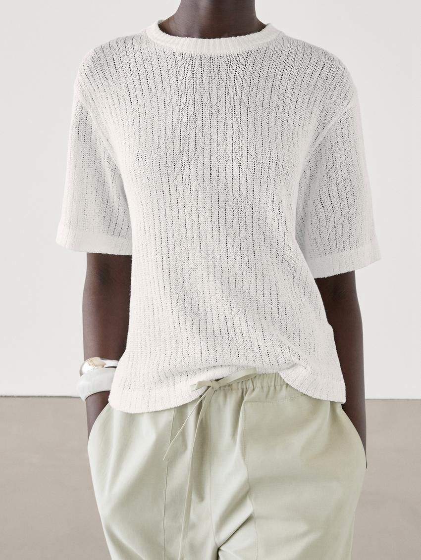 Massimo Dutti Ribbed Textured Short Sleeve Women T-Shirt White | US-HU9208563