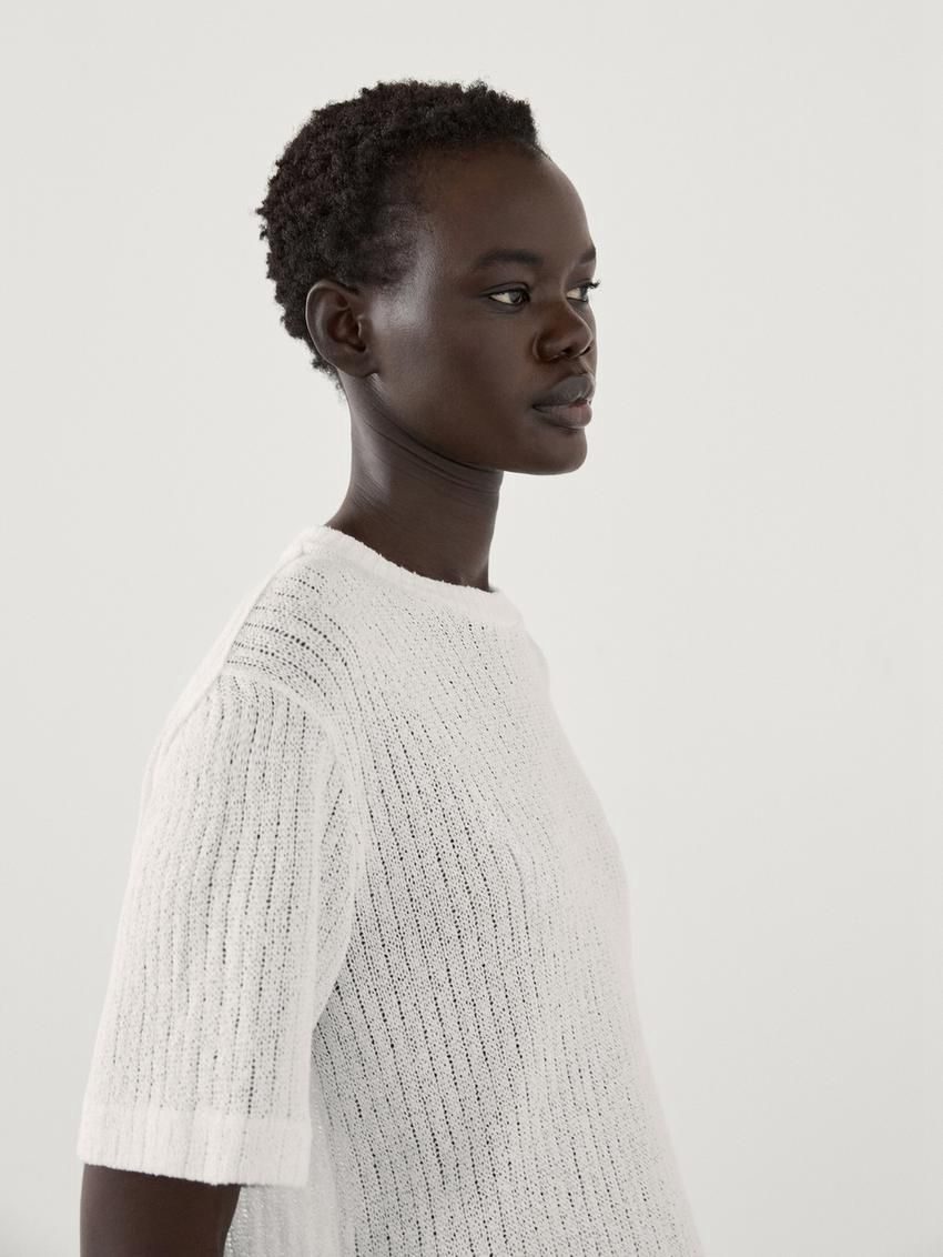Massimo Dutti Ribbed Textured Short Sleeve Women T-Shirt White | US-HU9208563