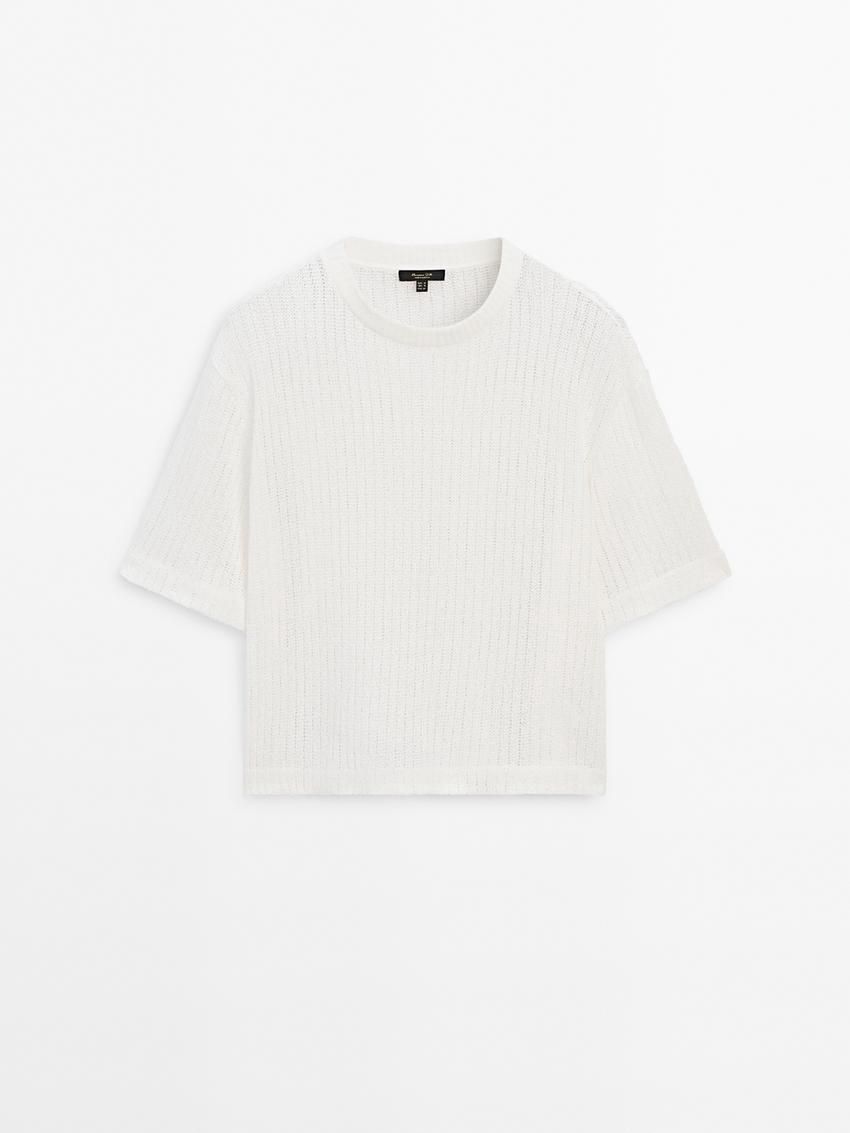 Massimo Dutti Ribbed Textured Short Sleeve Women T-Shirt White | US-HU9208563