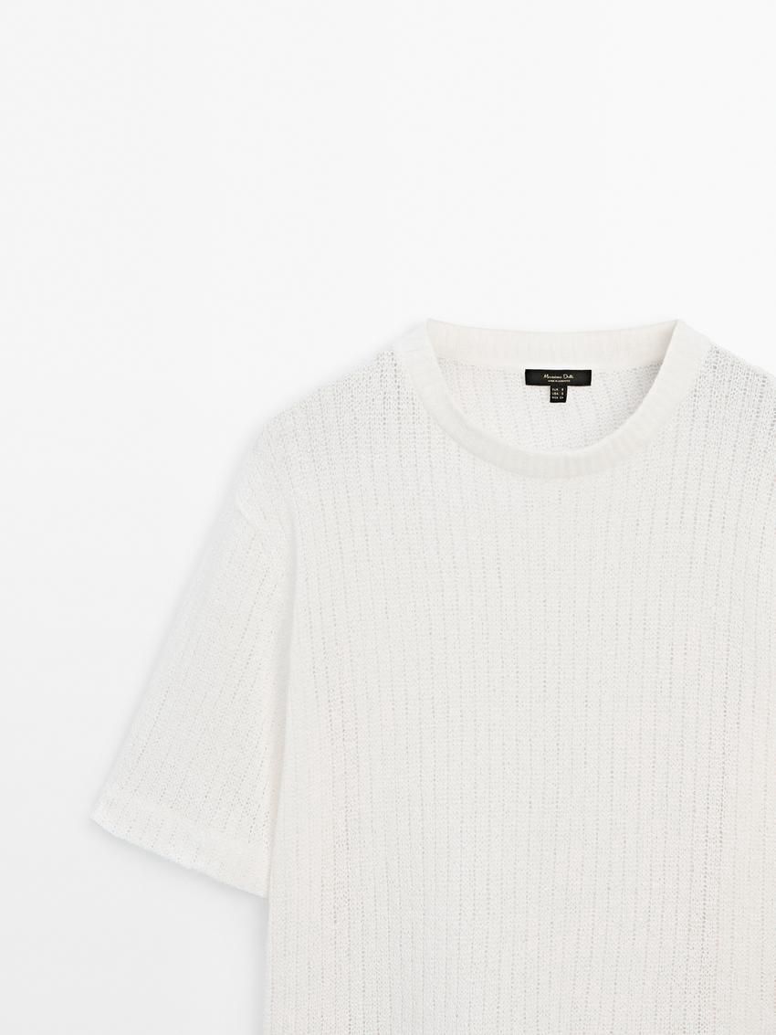 Massimo Dutti Ribbed Textured Short Sleeve Women T-Shirt White | US-HU9208563