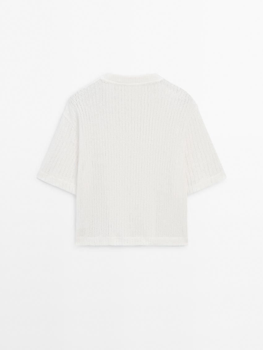 Massimo Dutti Ribbed Textured Short Sleeve Women T-Shirt White | US-HU9208563