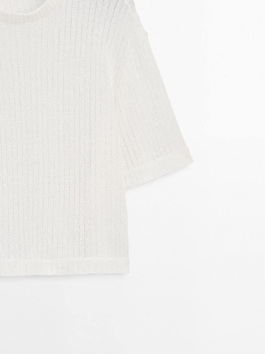 Massimo Dutti Ribbed Textured Short Sleeve Women T-Shirt White | US-HU9208563