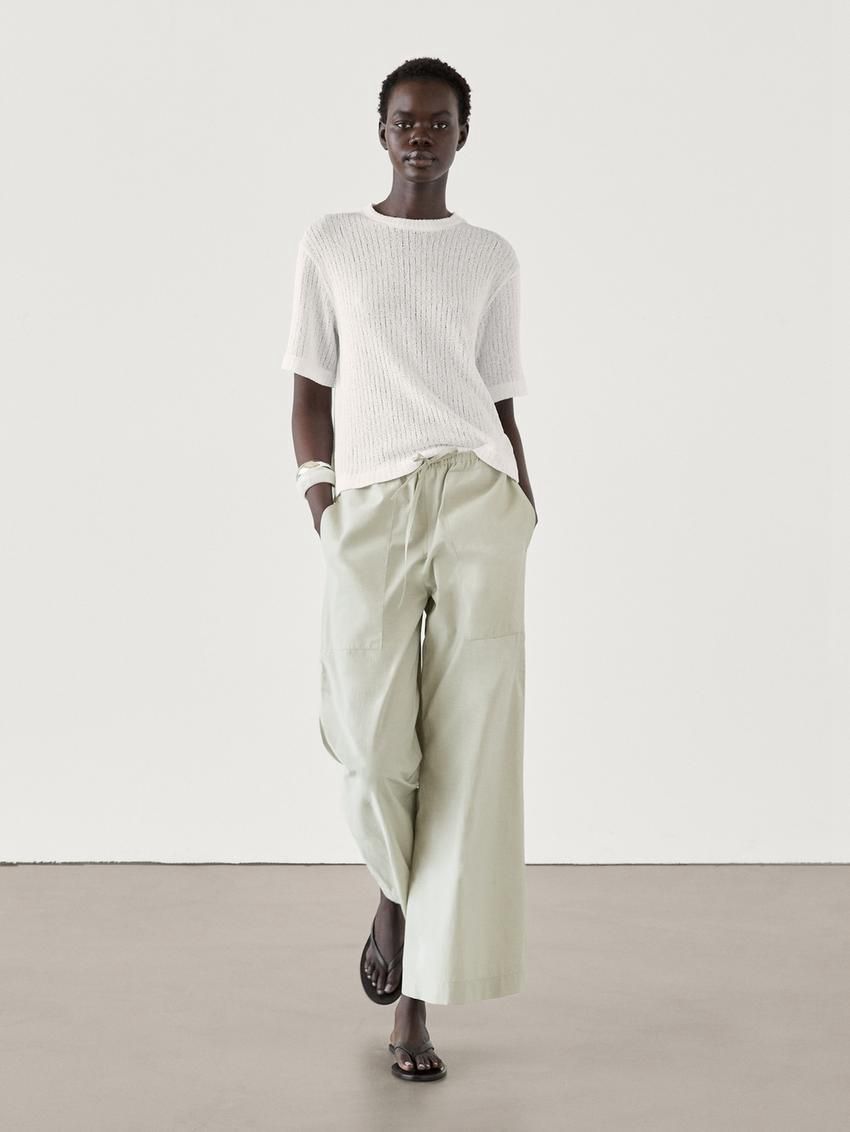 Massimo Dutti Ribbed Textured Short Sleeve Women T-Shirt White | US-HU9208563