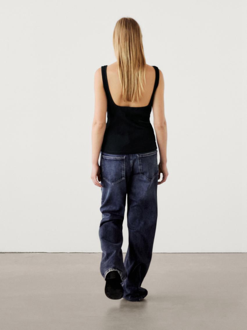 Massimo Dutti Ribbed With Straight Neckline Women Top Navy | US-NR6154703