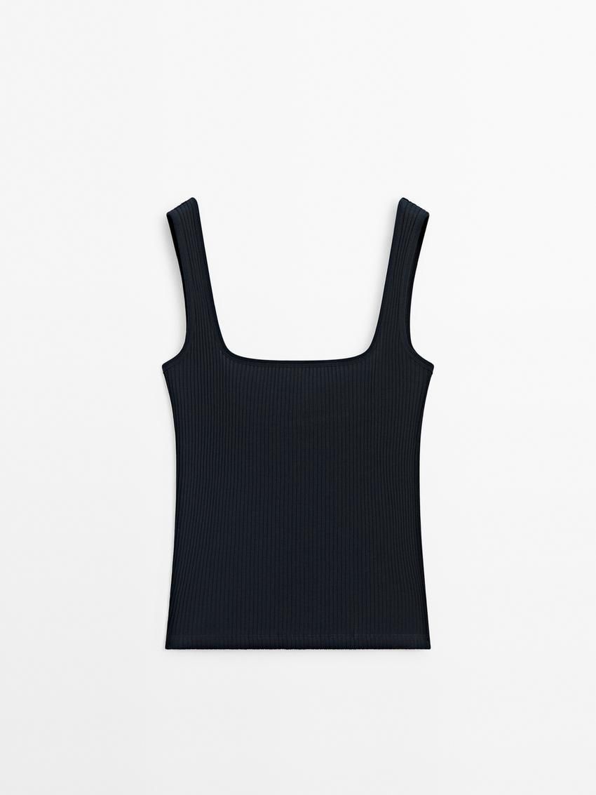 Massimo Dutti Ribbed With Straight Neckline Women Top Navy | US-NR6154703