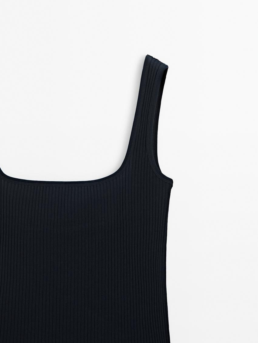 Massimo Dutti Ribbed With Straight Neckline Women Top Navy | US-NR6154703