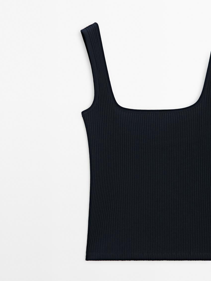 Massimo Dutti Ribbed With Straight Neckline Women Top Navy | US-NR6154703