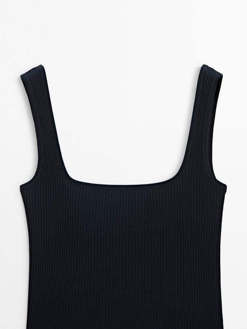 Massimo Dutti Ribbed With Straight Neckline Women Top Navy | US-NR6154703