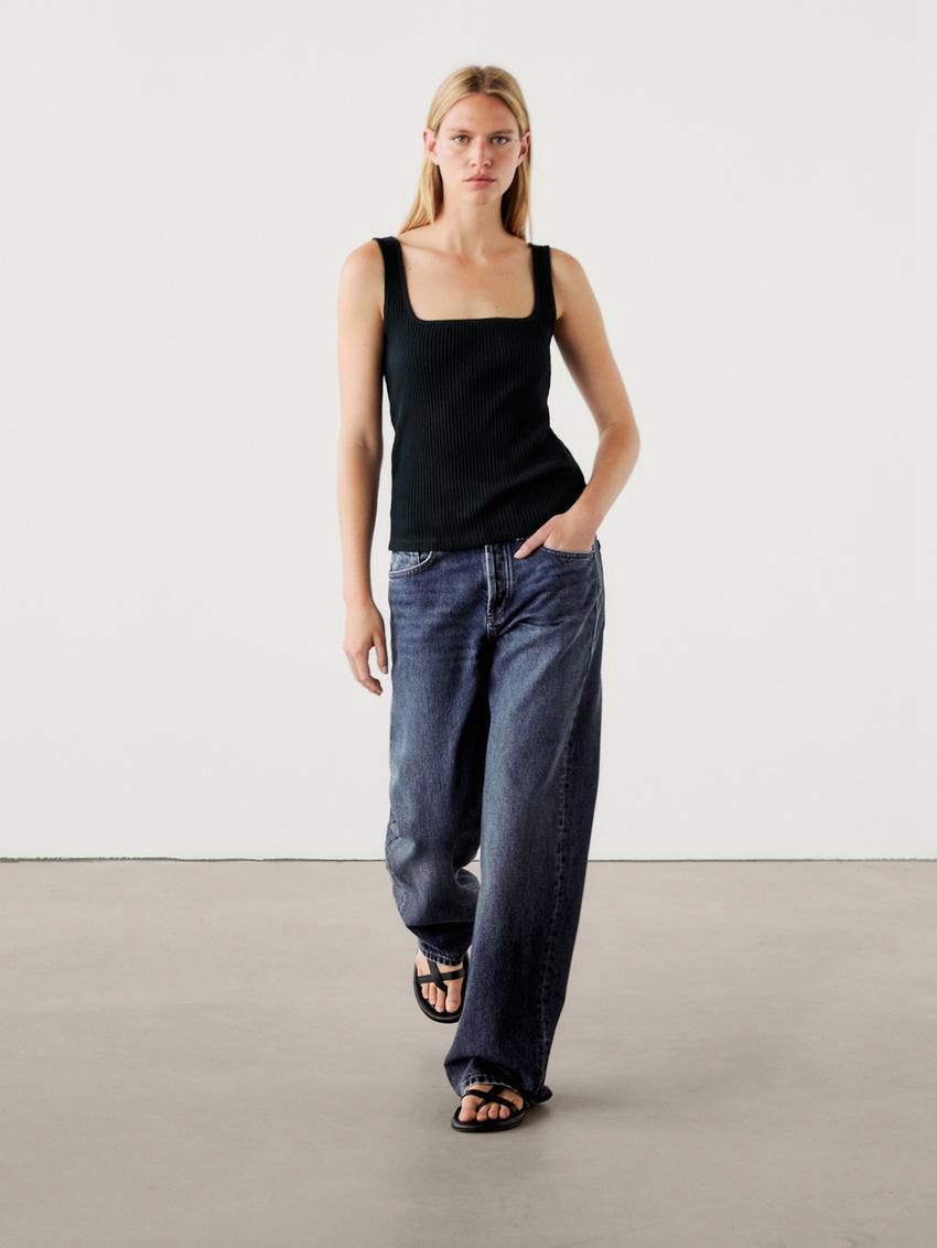 Massimo Dutti Ribbed With Straight Neckline Women Top Navy | US-NR6154703