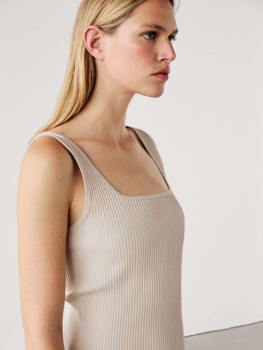 Massimo Dutti Ribbed With Straight Neckline Women Top Cream | US-KL9285071