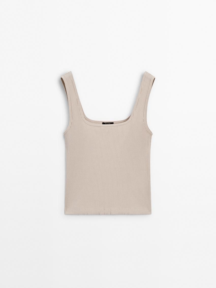 Massimo Dutti Ribbed With Straight Neckline Women Top Cream | US-KL9285071