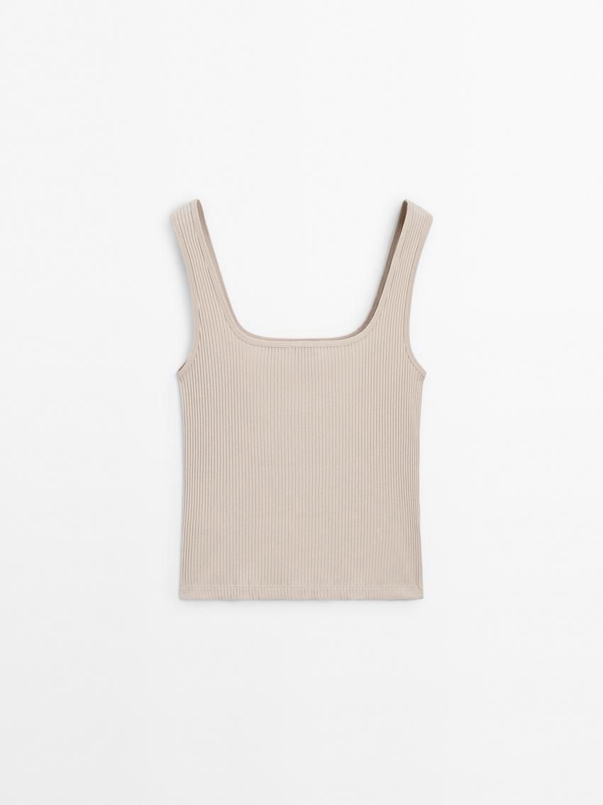 Massimo Dutti Ribbed With Straight Neckline Women Top Cream | US-KL9285071