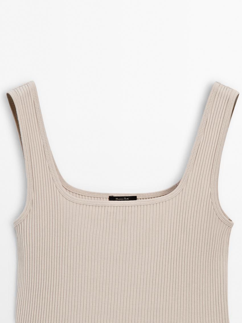 Massimo Dutti Ribbed With Straight Neckline Women Top Cream | US-KL9285071