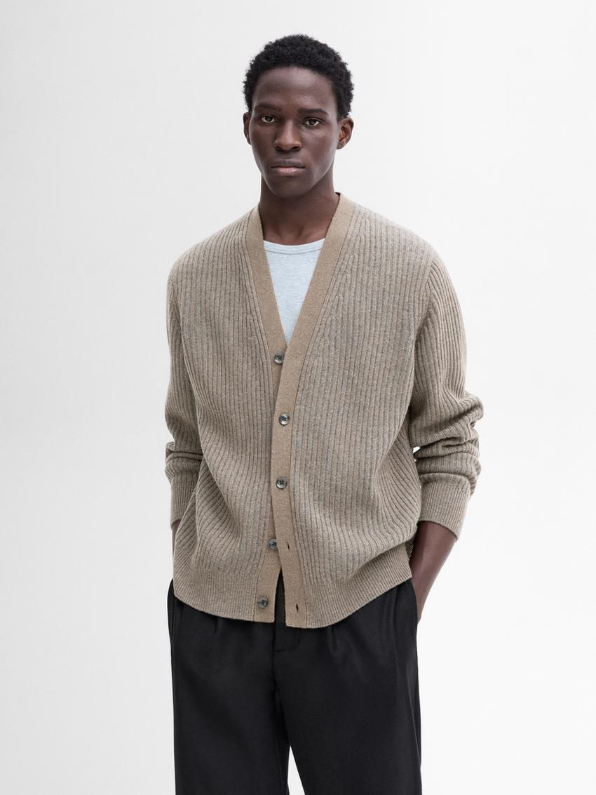 Massimo Dutti Ribbed Wool Blend Knit Men Cardigan Brown Beige | US-JF4710985
