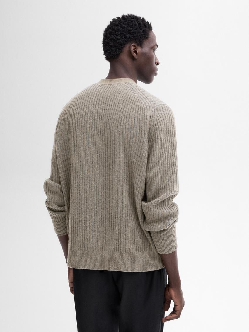 Massimo Dutti Ribbed Wool Blend Knit Men Cardigan Brown Beige | US-JF4710985
