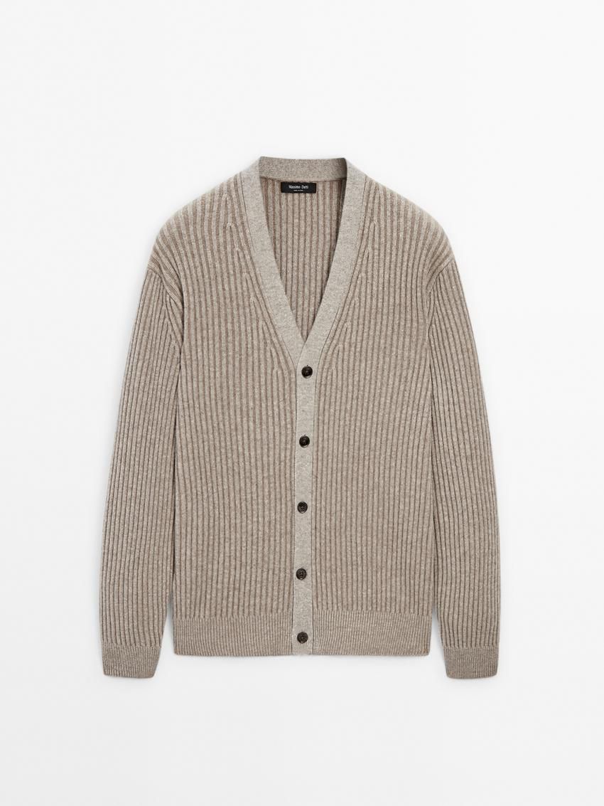 Massimo Dutti Ribbed Wool Blend Knit Men Cardigan Brown Beige | US-JF4710985