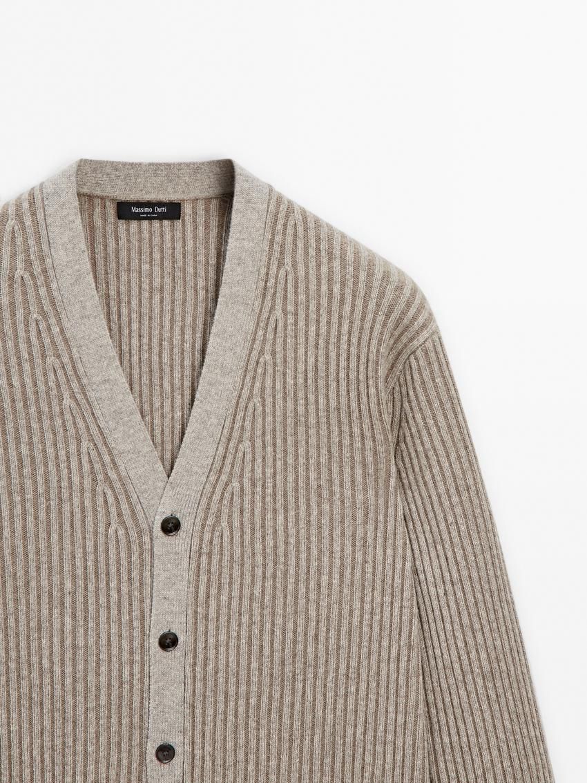 Massimo Dutti Ribbed Wool Blend Knit Men Cardigan Brown Beige | US-JF4710985