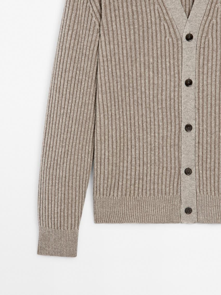 Massimo Dutti Ribbed Wool Blend Knit Men Cardigan Brown Beige | US-JF4710985