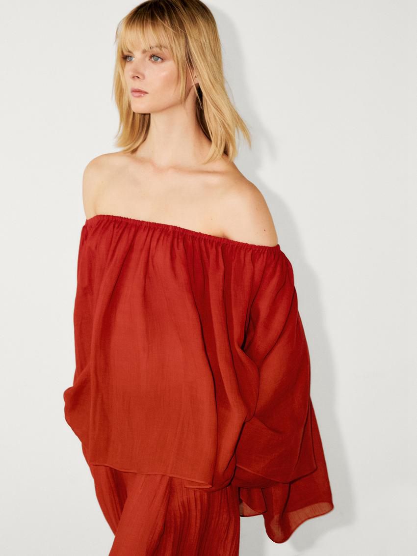 Massimo Dutti Ruffled In A Ramie And Lyocell Blend Women Blouse Red | US-QB6153284