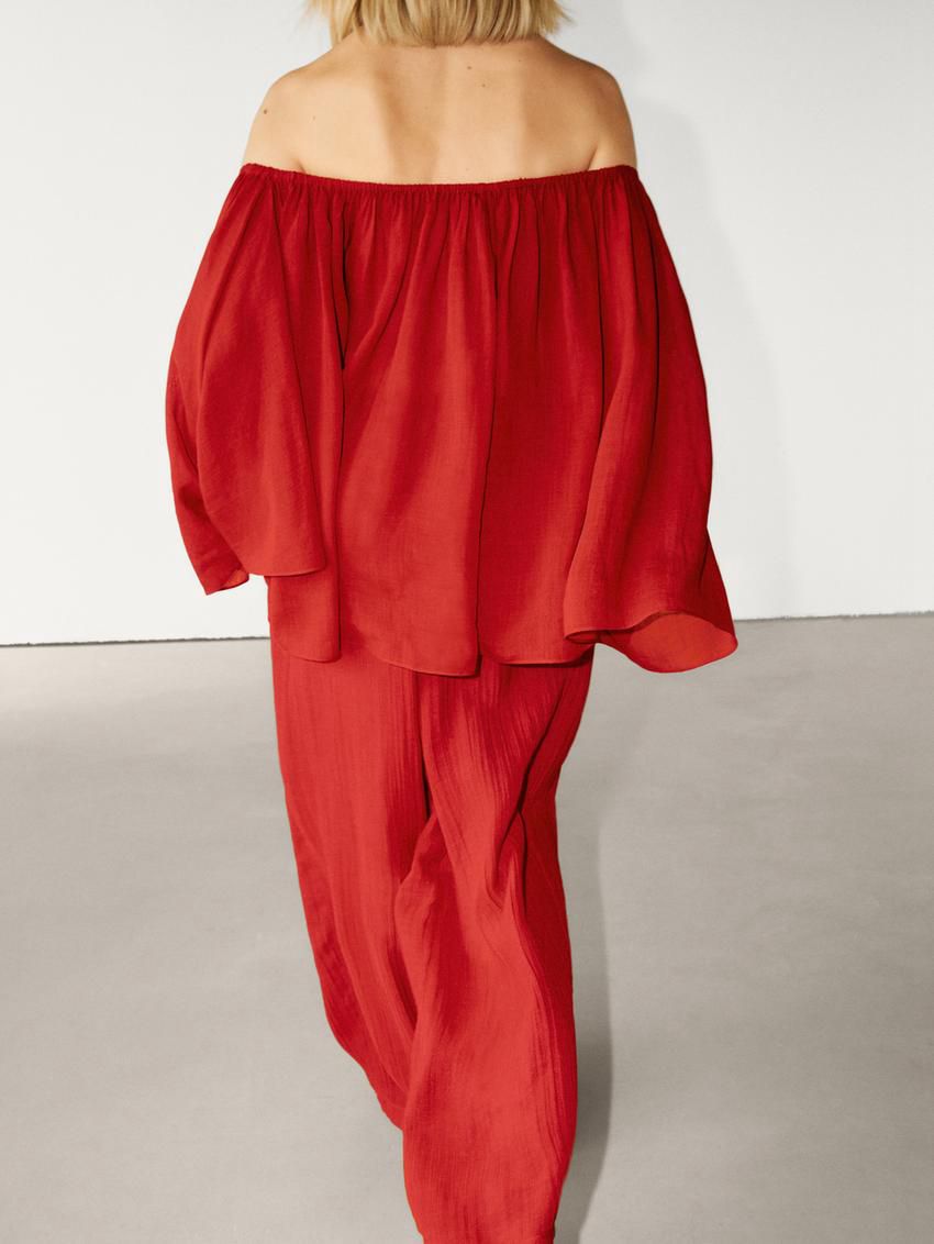 Massimo Dutti Ruffled In A Ramie And Lyocell Blend Women Blouse Red | US-QB6153284