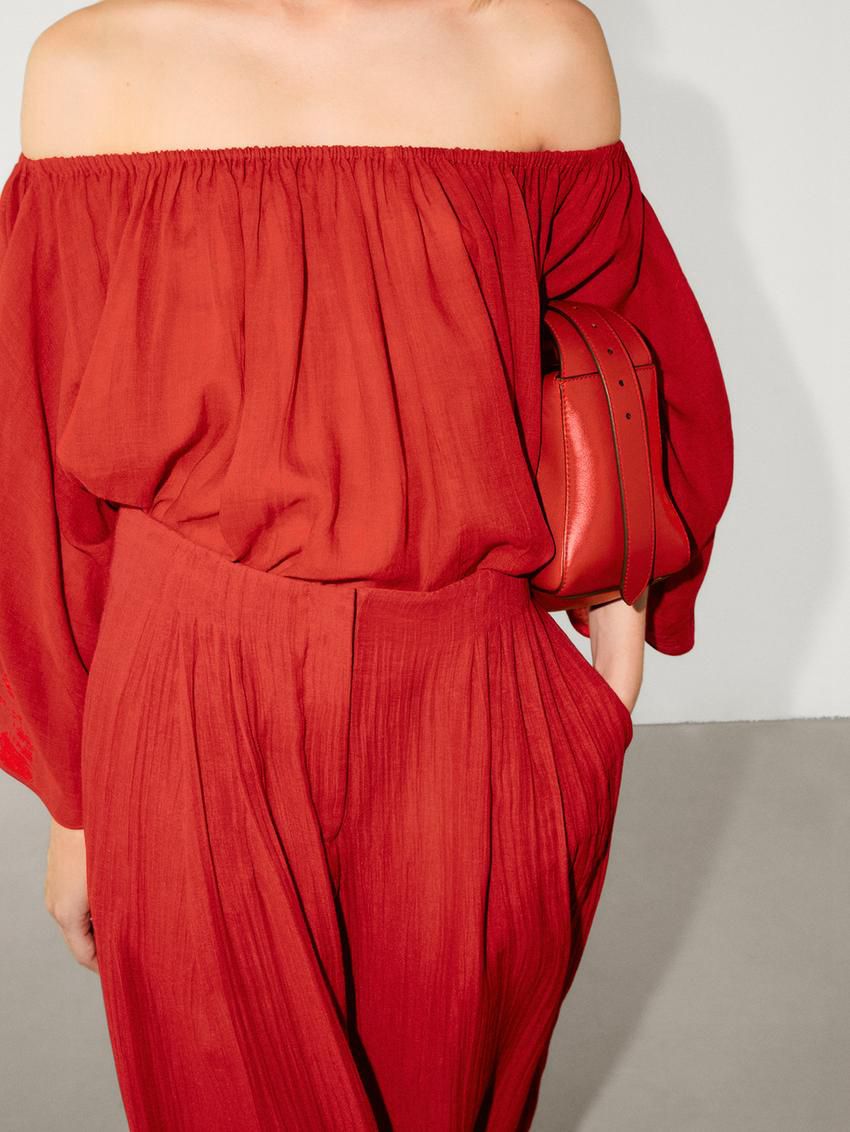 Massimo Dutti Ruffled In A Ramie And Lyocell Blend Women Blouse Red | US-QB6153284