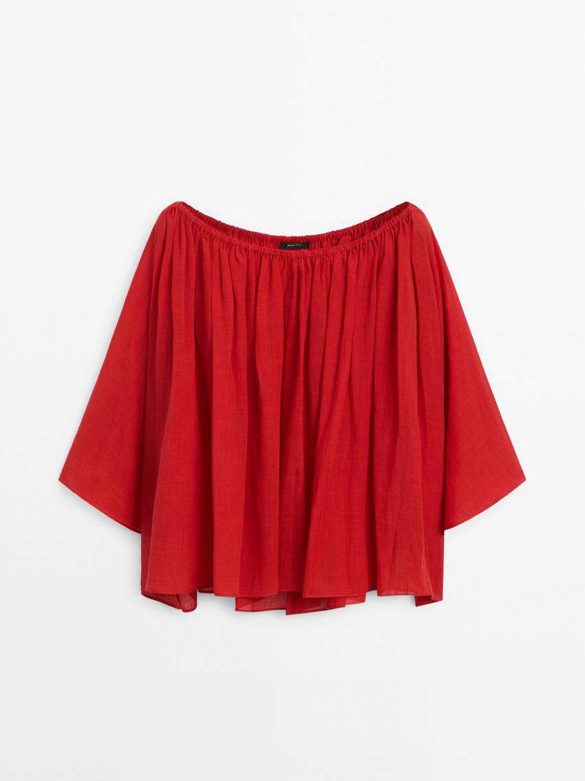 Massimo Dutti Ruffled In A Ramie And Lyocell Blend Women Blouse Red | US-QB6153284