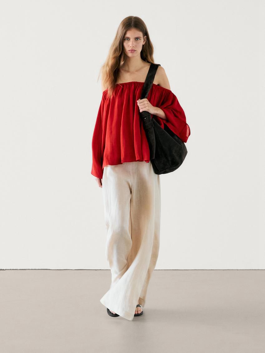 Massimo Dutti Ruffled In A Ramie And Lyocell Blend Women Blouse Red | US-QB6153284