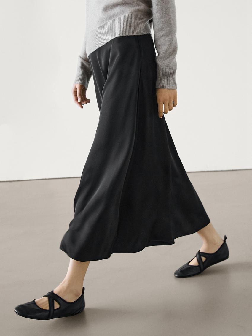 Massimo Dutti Satin A-line Midi Women Skirts Black | US-HD0468751