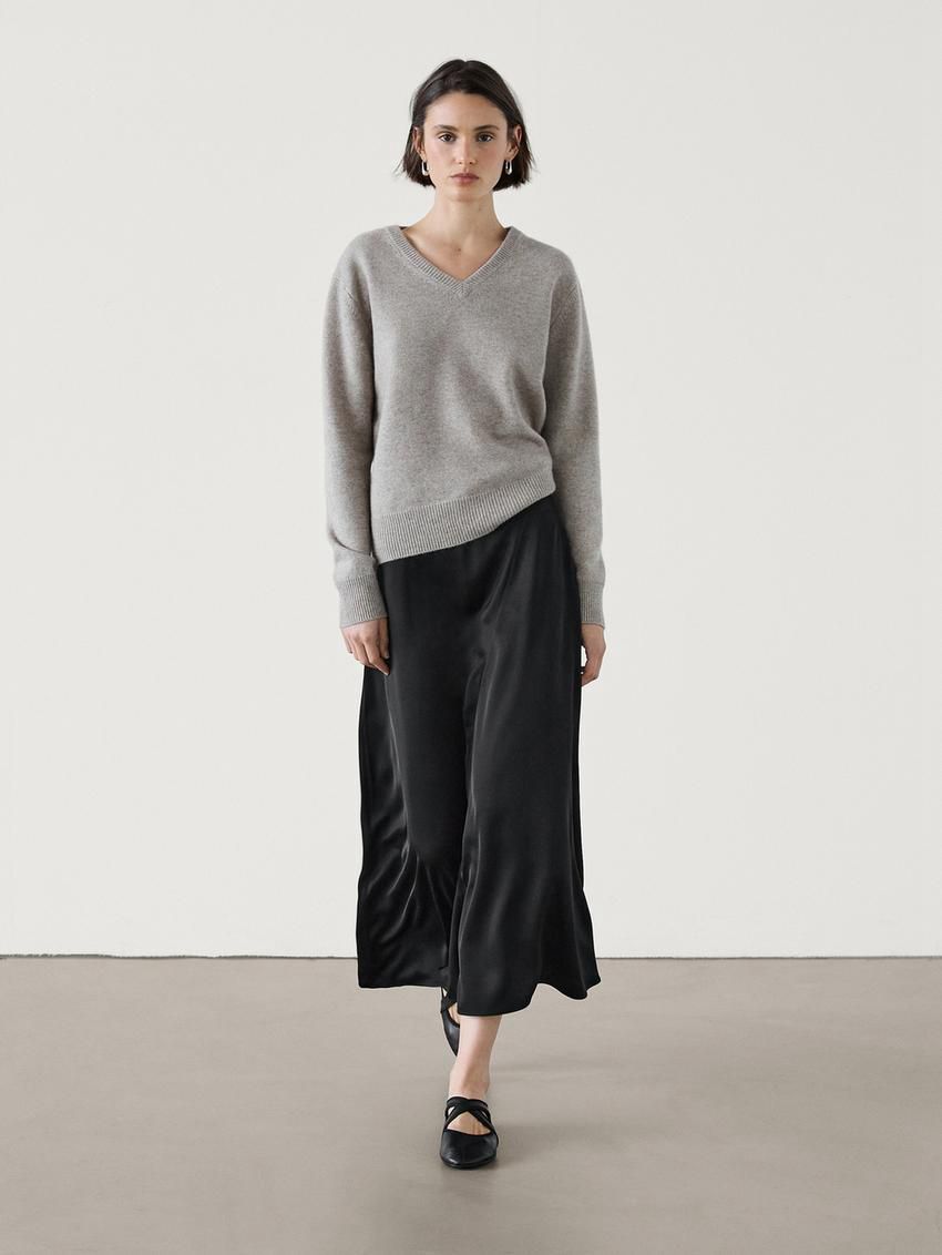 Massimo Dutti Satin A-line Midi Women Skirts Black | US-HD0468751