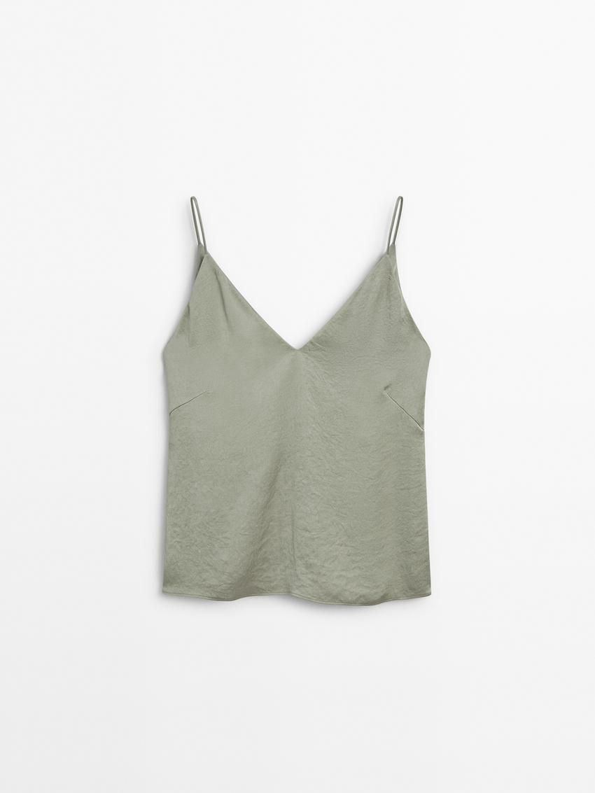 Massimo Dutti Satin Co-ord With V-neckline Women Top Light Green | US-BU6597023