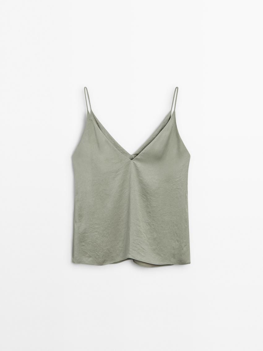 Massimo Dutti Satin Co-ord With V-neckline Women Top Light Green | US-BU6597023