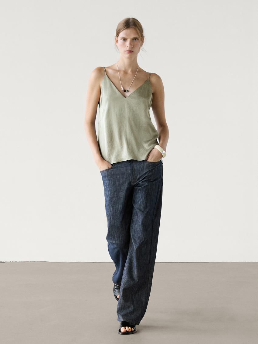 Massimo Dutti Satin Co-ord With V-neckline Women Top Light Green | US-BU6597023